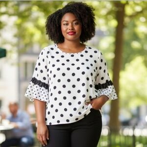 Cato Est 1946 Polka Dot Blouse with Ruffle Sleeves And Lace Detail